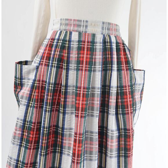 Vintage Tartan Plaid Seersucker Full Pleated Midi Skirt with Pockets size XS - Picture 4 of 7